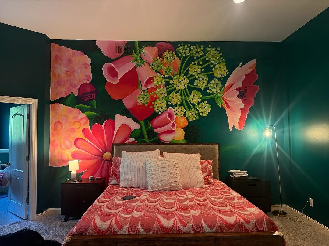 Beautiful floral and botanical mural painted on a master bedroom wall