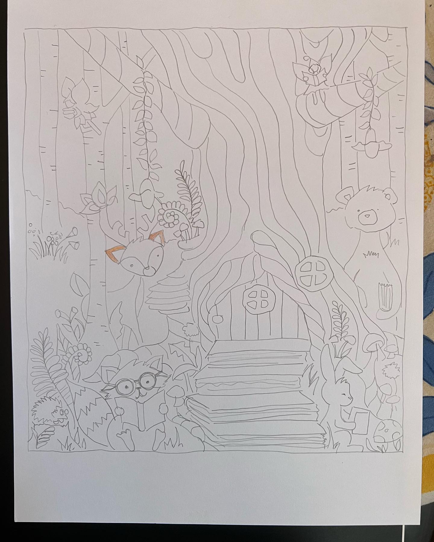 Initial pencil sketch of the woodland nursery mural
